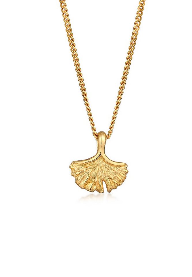 Elli Premium Kette mit Anhänger Ginkgo Blatt Anhänger Natur 375er Gelbgold, Blatt von Elli Premium