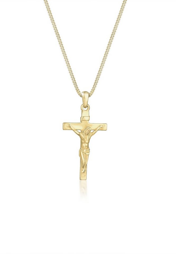 Elli Premium Kette mit Anhänger Kreuz Klassisch Glaube Jesus Kommunion 375 Gelbgold von Elli Premium