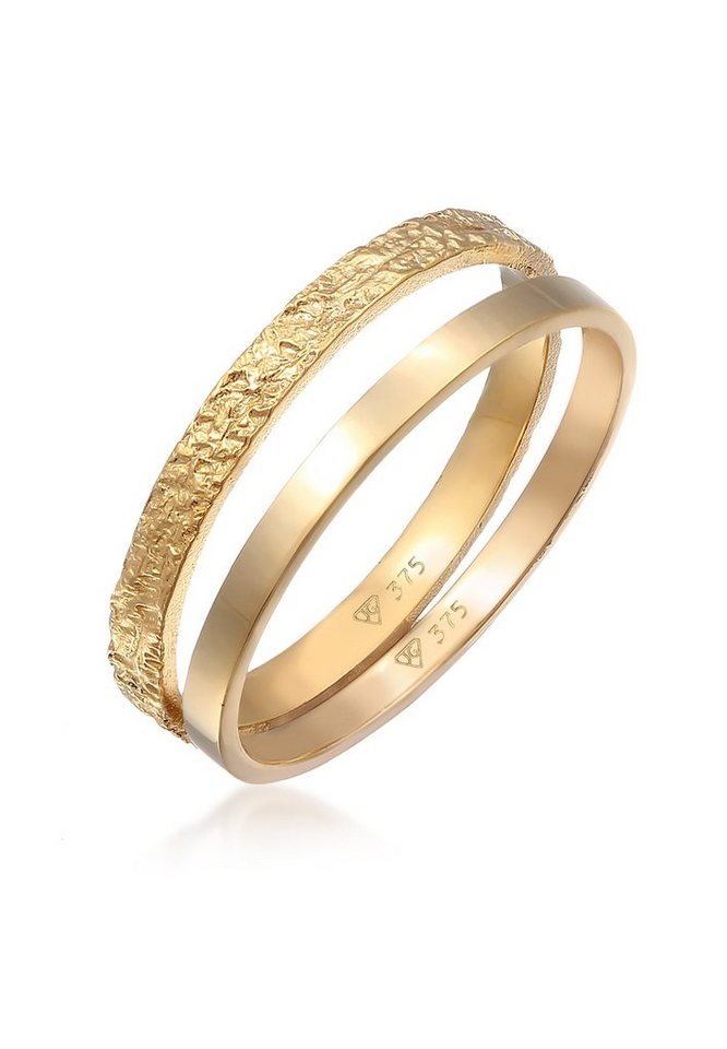 Elli Premium Ring-Set Bandring Basic Gehämmert (Set 2-tlg) 375 Gelbgold von Elli Premium