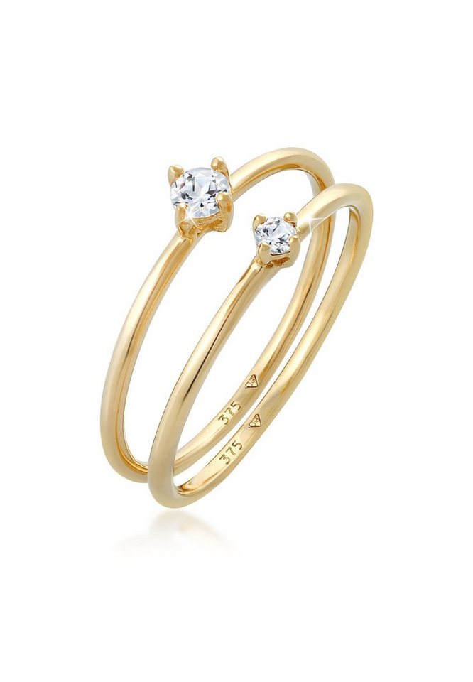 Elli Premium Solitärring Topas Solitär Stapelring 2er Set 375 Gelbgold von Elli Premium