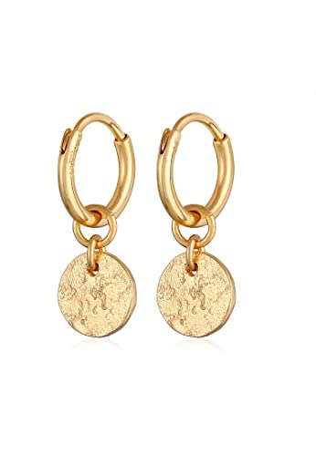 Elli Creolen Silber 925 Vergoldet 24K Plättchen Ohrringe Damen Kreolen für Frauen Durchmesser 10mm mit Coin Anhänger 0305781722 von Elli