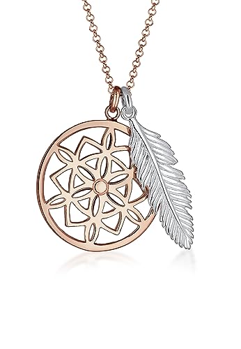 Elli Halskette Silber 925 Rosé 18K Vergoldet Bicolor Ornament Traumfänger Feder Anhänger Kette Damen Schmuck Geschenke für Frauen Mädchen Mama Freundin, Silberkette Länge 45 cm von Elli