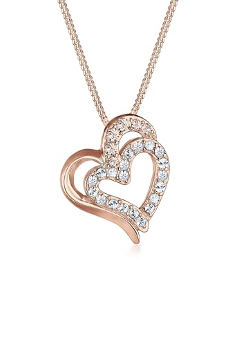 Elli Halskette Silber 925 Rosé 18K Vergoldet Doppel Herzen Damen Kette Kristall Schmuck Geschenke für Frauen Mädchen Mama Freundin, Silberkette Länge 45cm von Elli