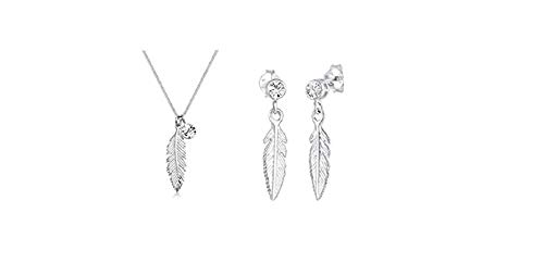 Elli Damen Schmuck Echtschmuck Halskette Kette Anhänger Boho Solitär-Kette Feder Basic Sterling Silber 925 + Ohrringe Damen Ohrringe mit Feder Anhänger Boho Kristalle in 925 Sterling Silber von Elli