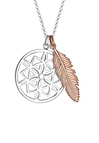 Elli Halskette Silber 925 Rosé 18K Vergoldet Bicolor Ornament Traumfänger Feder Anhänger Kette Damen Schmuck Geschenke für Frauen Mädchen Mama Freundin, Silberkette Länge 45 cm von Elli