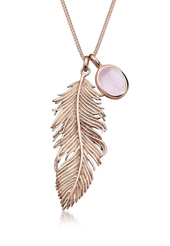 Elli Halskette Silber 925 Rosé 18K Vergoldet Feder Anhänger Kette Damen Rosenquarz Schmuck Geschenke für Frauen Mädchen Mama Freundin, Boho Festival Silberkette Länge 70 cm von Elli