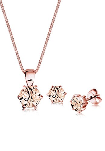 Elli Schmuckset Damen Klassisch Solitär Anhänger Set Ohrstecker mit Kristallen in 925 Sterling Silber Rosévergoldet von Elli