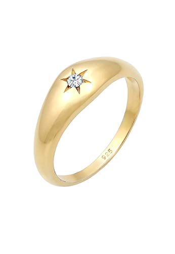 Elli Ring Damen Siegelring Stern mit Kristalle in 925 Sterling Silber vergoldet von Elli