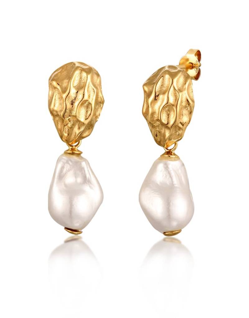 Elli - Goldfarbene, festliche Hängeohrringe aus vergoldetem 925er-Sterlingsilber mit eingefassten weißen Muschelperlen von Elli