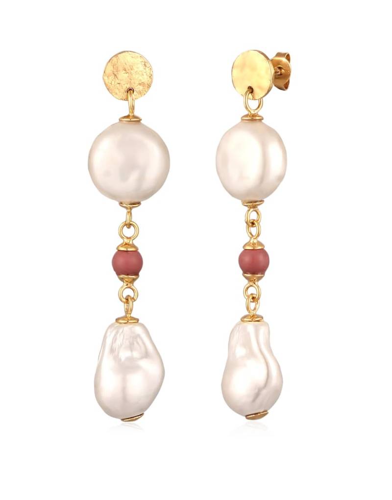 Elli - Goldfarbene Barock-Ohrringe aus vergoldetem 925er-Sterlingsilber mit eingefassten rosa Rhodonit-Perlen und weißen Muschelperlen für den Sommer/Strand von Elli