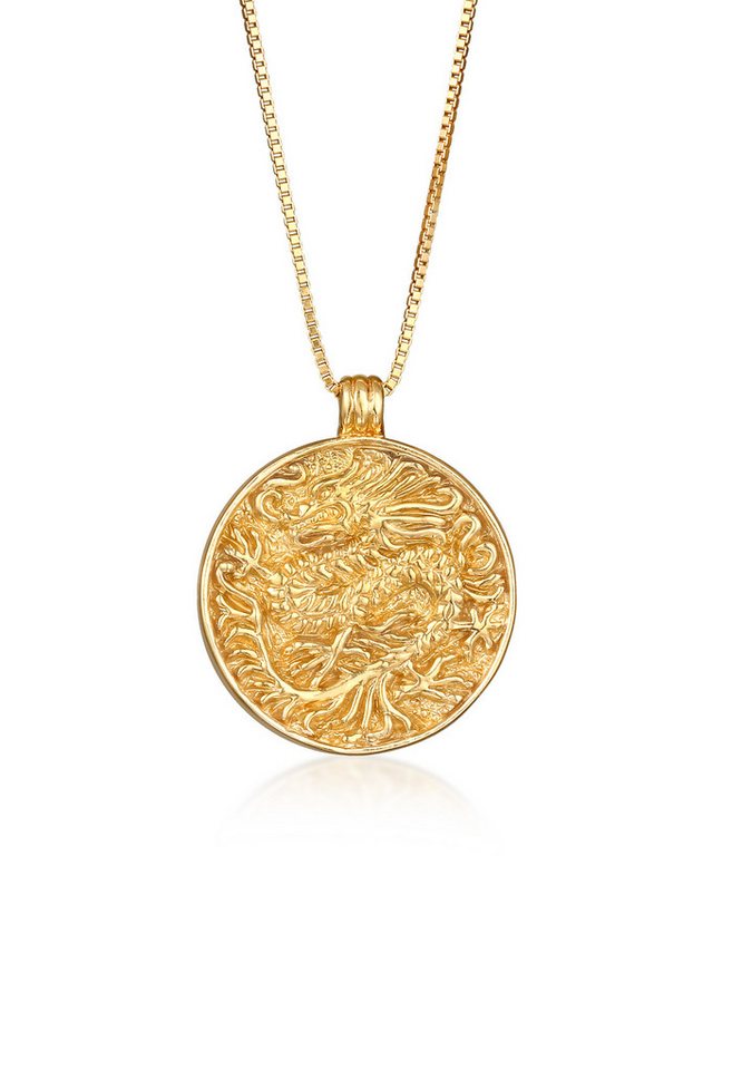 Elli Kette mit Anhänger Coin Drache Münze 925 Sterling Silver vergoldet, Drache von Elli