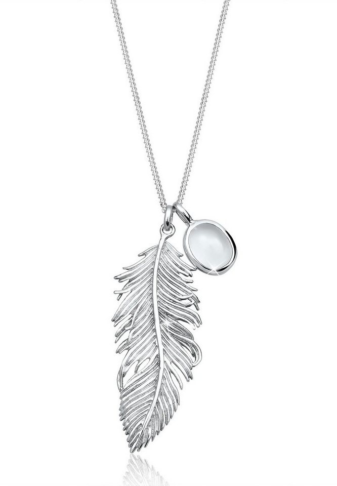 Elli Kette mit Anhänger Feder Mondstein Weiß 925 Sterling Silber, Feder von Elli