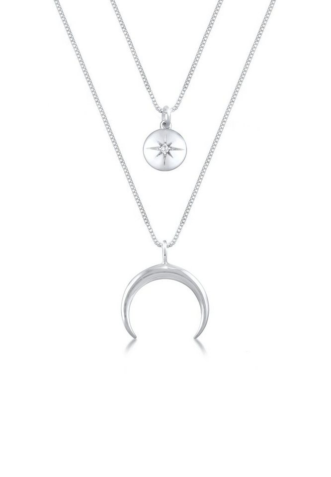 Elli Kette mit Anhänger Layer Halbmond Stern Plättchen Zirkonia 925 Sterling Silber, Halbmond von Elli