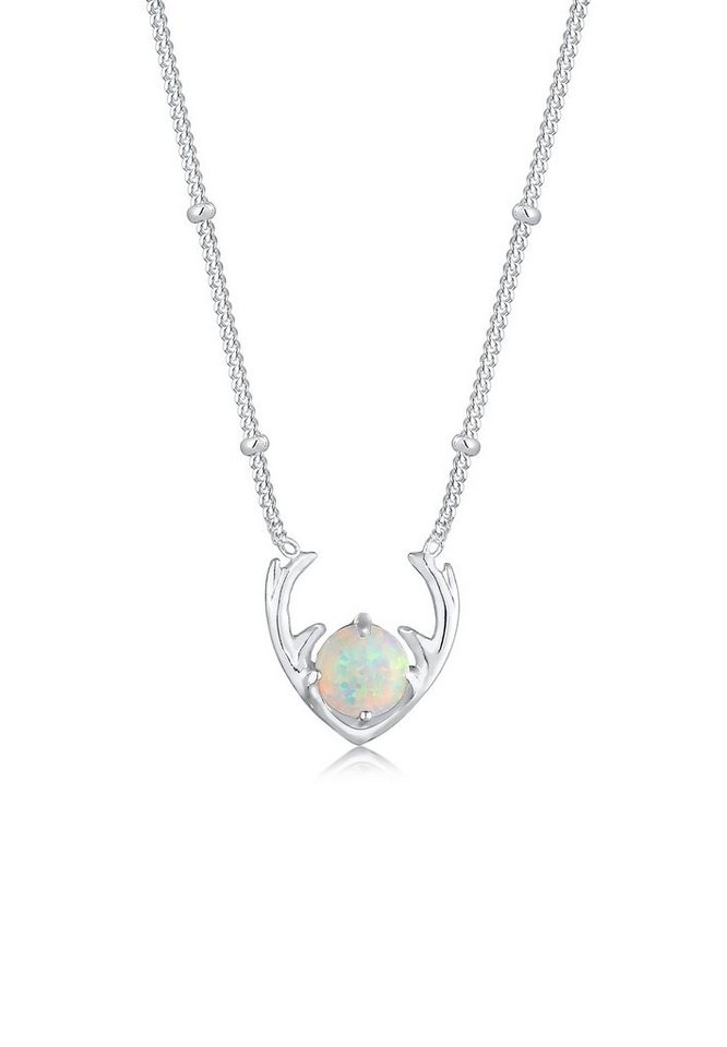 Elli Kette mit Anhänger Synthetischer Opal Rentier Geweih 925 Silber, Hirsch von Elli
