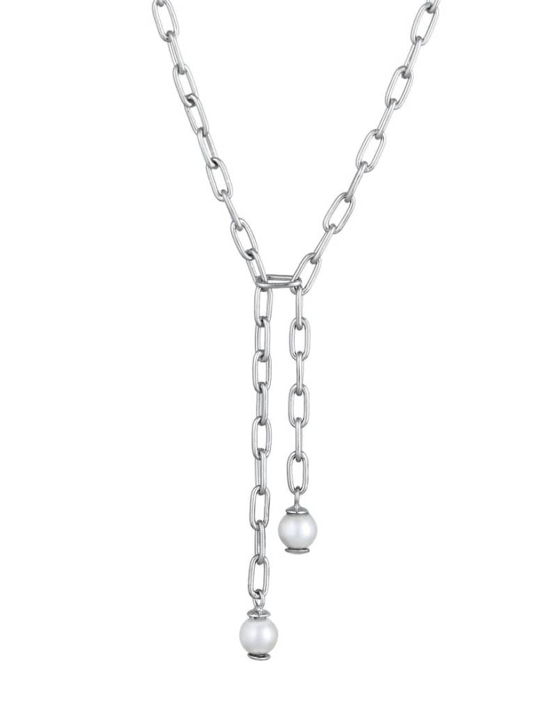 Elli - Lange silberfarbene Glieder-Halskette aus 925er-Sterlingsilber mit weißen Synthetik-Schmuckperlen von Elli