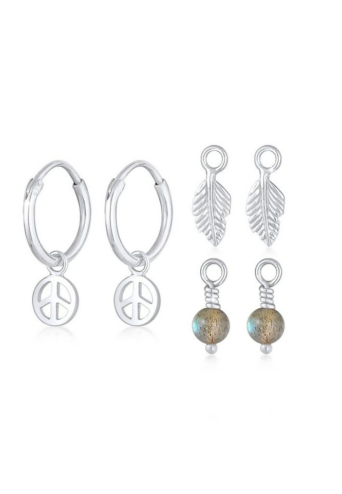Elli Ohrring-Set Creolen 3-Set Peace Feder Labradorit 925 Silber, Boho von Elli