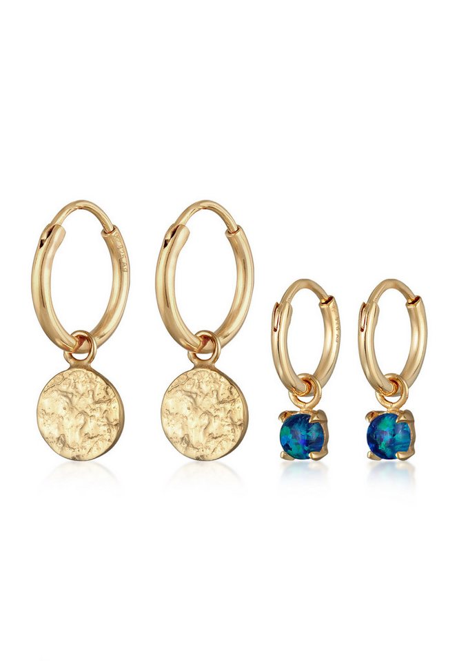 Elli Ohrring-Set Creolen Plättchen Opal blau 2er Set 925 Silber, Kreis von Elli
