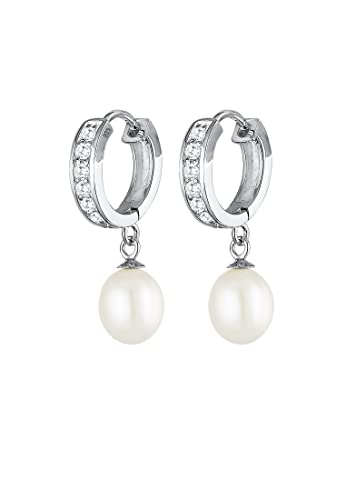 Elli Ohrringe Damen Creole Süßwasserperle mit Zirkonia Steinen in 925 Sterling Silber von Elli