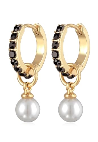 Creolen Ohrringe Damen mit Anhänger aus Glasperlen Ohrhänger aus Messing Goldfarben mit Kristallen für Frauen, Mädchen, Mama, Höhe 22mm, Breite 6mm von Elli