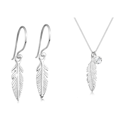 Elli Ohrringe Damen Ohrhänger Feder Boho in 925 Sterling Silber & Halskette Damen Feder Anhänger Boho mit Kristall in 925 Sterling Silber von Elli