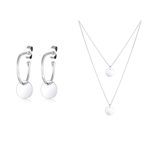 Elli Ohrringe Damen Ohrhänger Geo Plättchen Creole in 925 Sterling Silber Vergoldet & Halskette Damen Plättchen Anhänger 2-lagig in 925 Sterling Silber von Elli