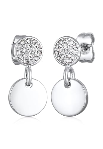 Ohrringe Damen Ohrhänger Plättchen Anhänger Rund Elegant Messing in Silberfarben mit Kristalle für Frauen, Mädchen, Mama Höhe 16mm, Breite 8mm von Elli