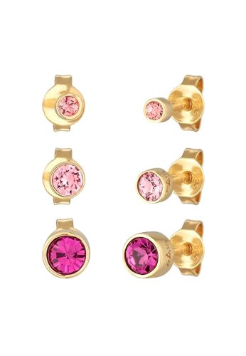 Elli Ohrringe Damen Ohrstecker Set Basic mit Kristallen Rosa in 925 Sterling Silber Vergoldet von Elli