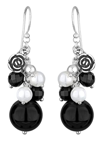 Elli Ohrringe Damen Rosen Anhänger mit Onyx und Muschelkernperlen in 925 Sterling Silber von Elli