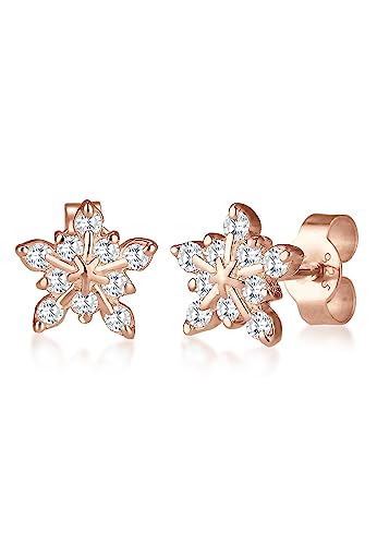 Elli Ohrringe Damen Schneeflocken Motiv Verspielt mit Zirkonia aus 925 Sterling Silber rosé vergoldet von Elli