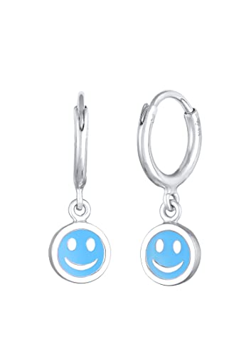 Elli Ohrringe Kinder Creolen mit Smiling Anhänger und Emaille Blau in 925 Sterling Silber von Elli