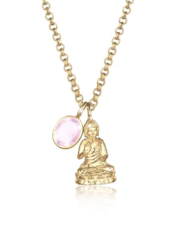 Elli PREMIUM Halskette Damen Buddha mit Rosenquarz Edelstein in 925 Sterling Silber vergoldet von Elli