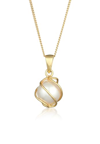 Elli PREMIUM Halskette Damen mit Anhänger Spirale Synthetische Perle in 375 Gelbgold von Elli