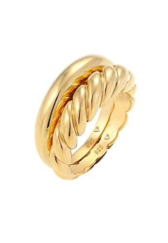 Elli PREMIUM Ring Damen Bandring Set Twisted Blogger Chunky Trend Bi-Color in 925 Sterling Silber Vergoldet von Elli