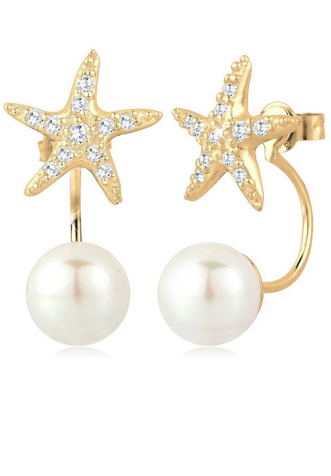 Elli Perlenohrringe Ohrstecker Perlen Seestern Zirkonia Weiß 925 Sterling Silber vergoldet, Seestern von Elli