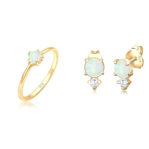 Elli Ring Damen Band Basic Geo mit Synthetischem Opal in 925 Sterling Silber & Ohrringe Damen Ohrstecker Vintage mit Zirkonia Kristallen und Opal in 925 Sterling Silber Vergoldet von Elli