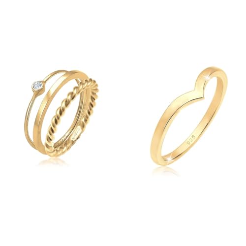 Elli Ring Damen Set Solitär Basic Gedreht mit Kristall in 925 Sterling Silber & Ring Damen V-Form Stacking Trend in 925 Sterling Silber Vergoldet von Elli