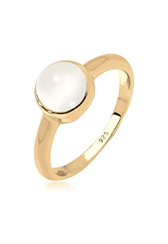 Ring für Damen Silberring 2 mm breit aus echt 925 Sterling Silber vergoldet besetzt mit Mondstein Edelstein in Pastell weiß, Damenring für Frauen, Solitärring, Größe 52-70 von Elli
