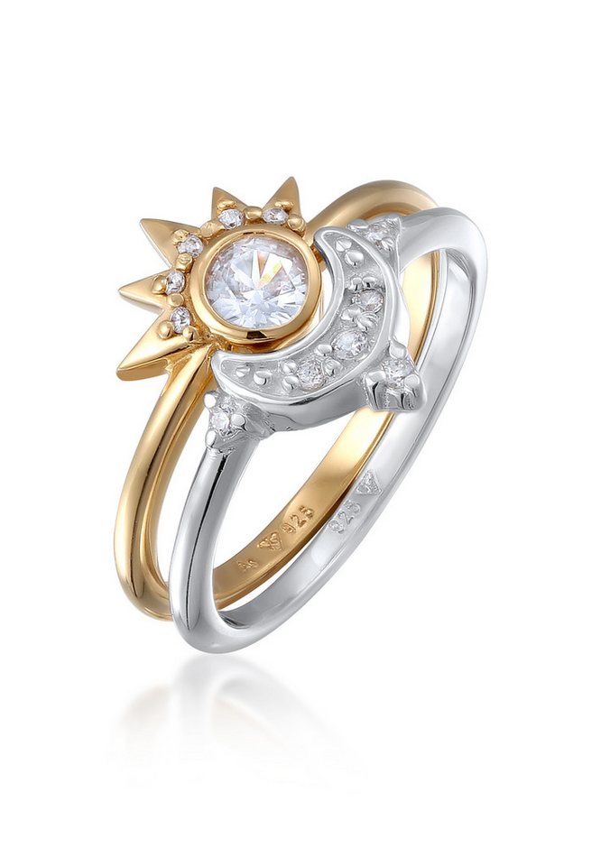 Elli Ring-Set Mond Sonne Zirkonia 2er Set 925 Sterling Silber vergoldet von Elli