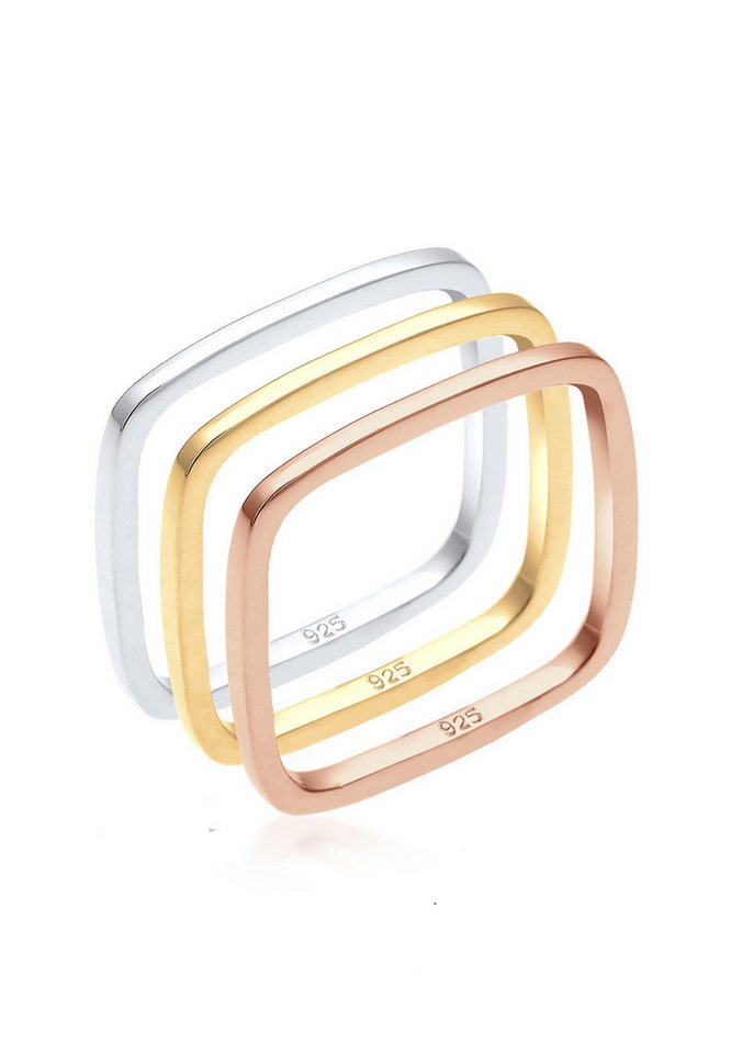 Elli Ring-Set Tri-Color Statement Viereck Set 925 Silber vergoldet von Elli