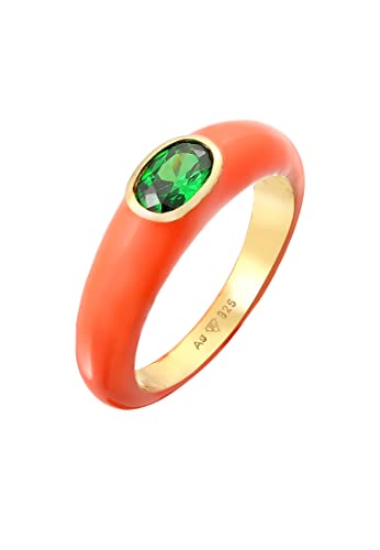 Elli Ring Damen Solitär Oval mit Emaille Orange und Zirkonia Kristall Grün in 925 Sterling Silber Vergoldet von Elli