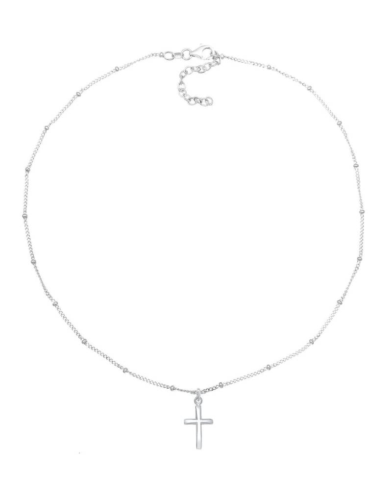 Elli - Schlichte, silberfarbene Choker-Damenhalskette aus 925er Sterlingsilber mit Kugeldetails und Kreuzanhänger von Elli