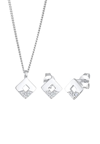 Elli Schmuckset Damen Quadrat Anhänger Geo Set Ohrstecker mit Diamanten (0.045 ct.) in 925 Sterling Silber von Elli