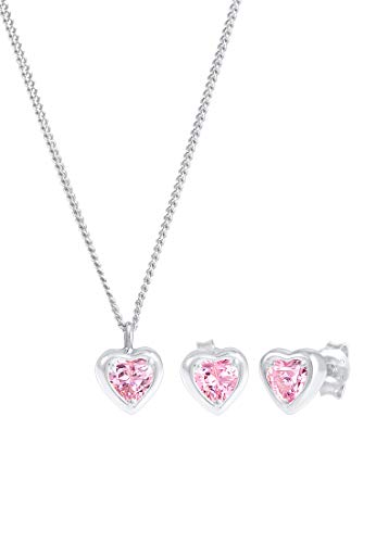 Elli Schmuckset Kinder Herz Anhänger Set Ohrstecker mit Zirkonia Rosa in 925 Sterling Silber von Elli