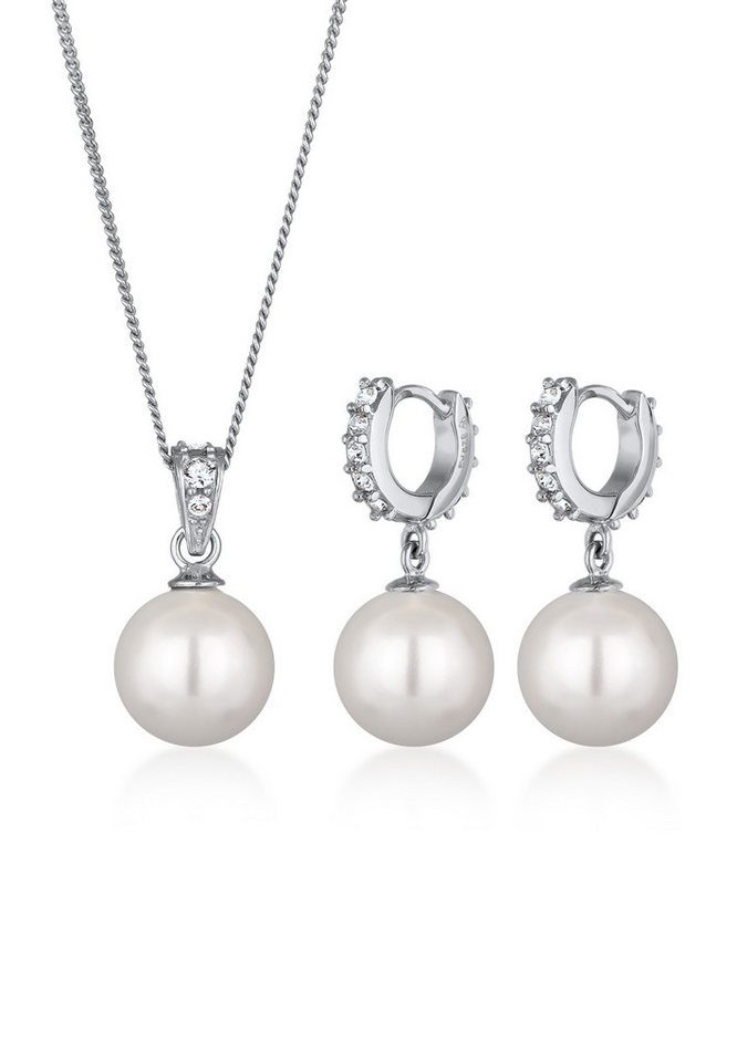 Elli Schmuckset Muschelkernperlen Weiß Glas Kristalle 925 Sterling Silber von Elli
