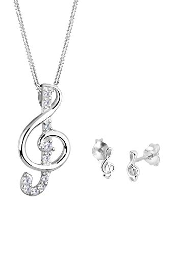 Elli Schmuckset Silber 925 Damen, Halskette mit Notenschlüssel Anhänger und Ohrstecker mit Zirkonia, Silbernes Schmuck Set mit Silberkette und Ohrringe für Frauen Mädchen, Kette Länge 45 cm von Elli