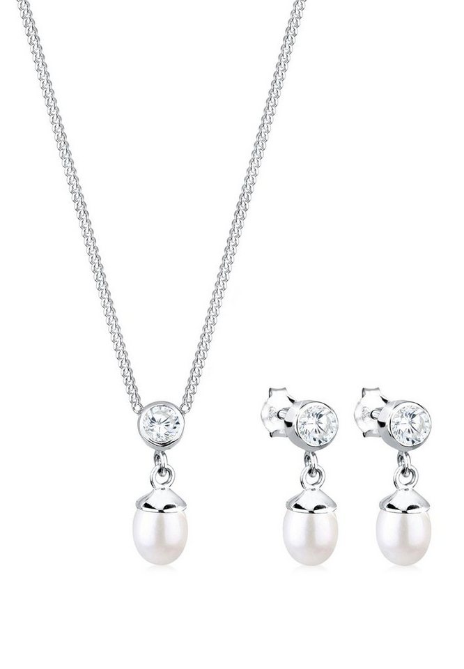 Elli Schmuckset Zirkonia Süßwasserzuchtperlen Weiß 925 Sterling Silber von Elli