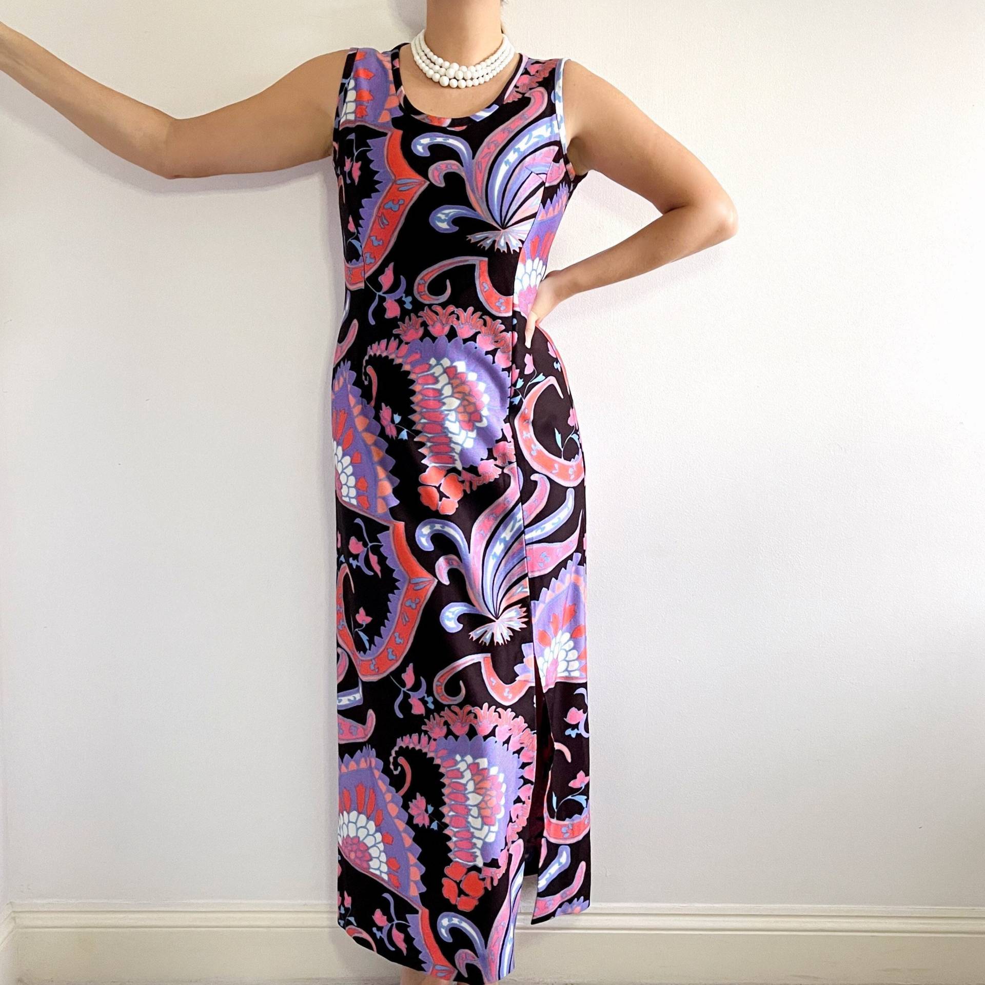 70Er Jahre Vintage Maxi Kleid/Pink & Schwarz Knallig Swirl Print Ärmelloses von EllieAndBarby