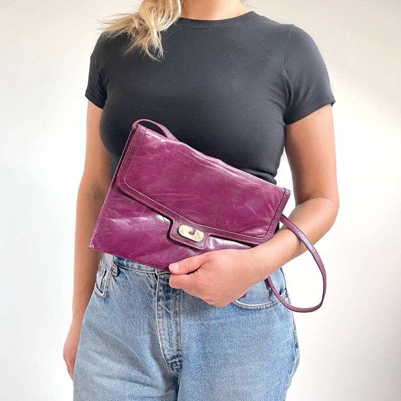 80Er Vintage Charles Jourdan Lila Leder Handtasche | Helle Schulter -/Clutch-Tasche, 2 in 1 Mittelgroß von EllieAndBarby