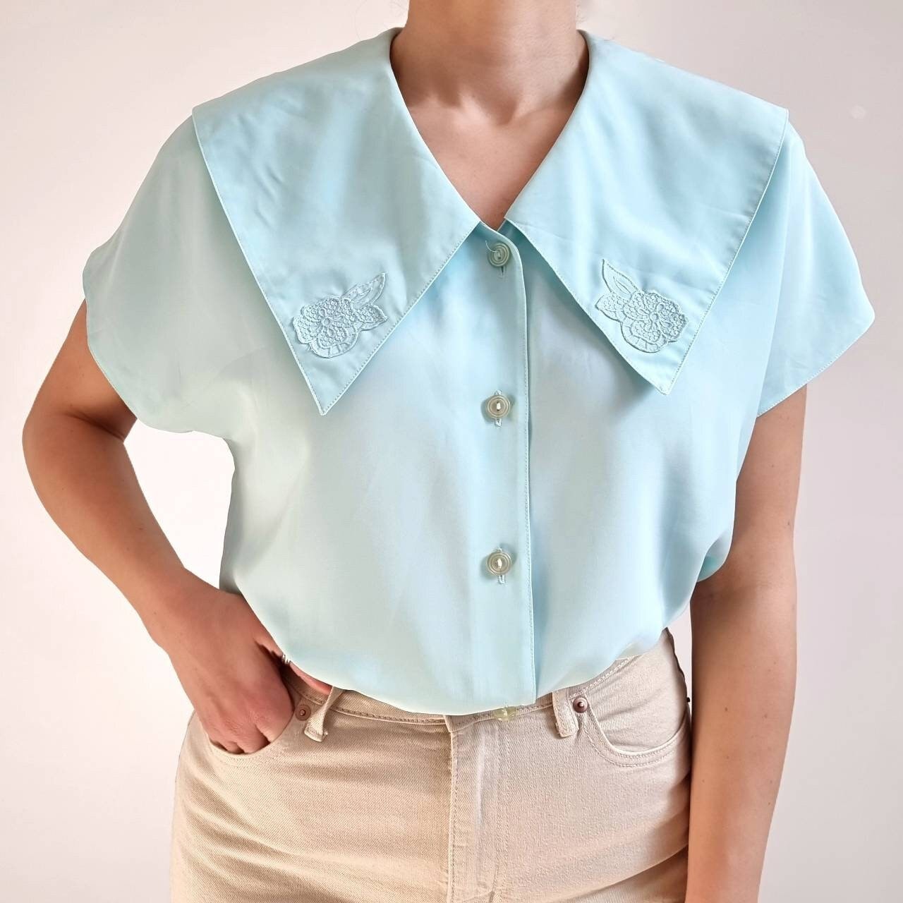 Vintage Aqua Blue Bluse Mit Chelsea Kragen/Damen Kurzarmshirt Großem Medium - Groß von EllieAndBarby