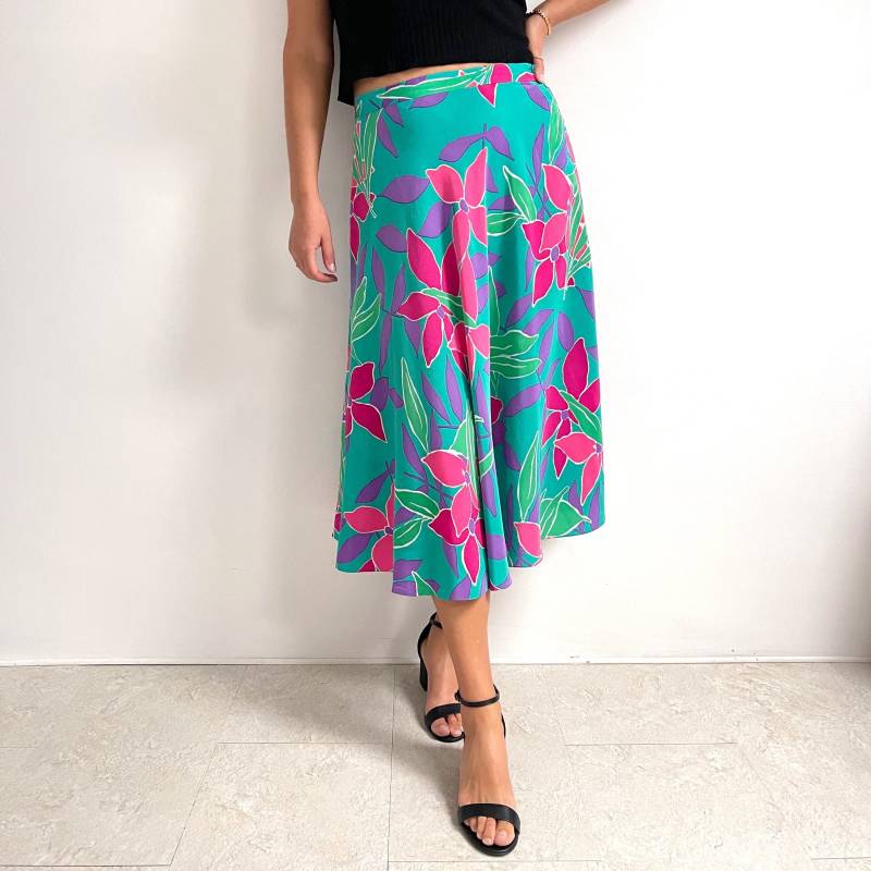 Vintage Helle Florale Reine Seide Rock | Voller Midi Sommerrock in Petrolgrün, Pink & Lila Mittelgroß von EllieAndBarby